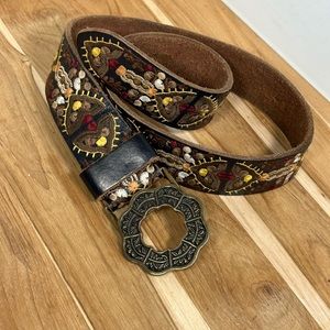 Vintage Lucky Brand Multi Colored Embroidered Leather Belt with Brass Buckle XS